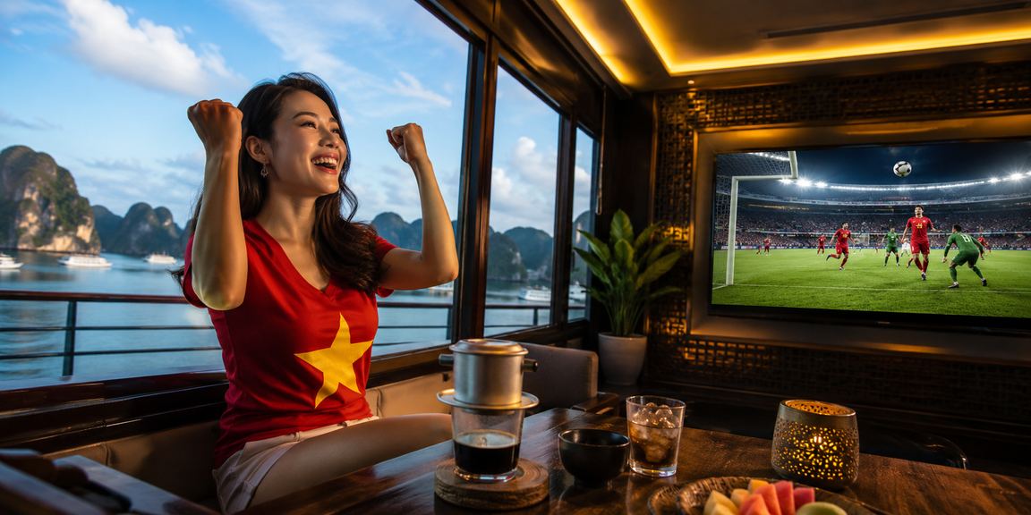Người chơi thư giãn bên Vịnh Hạ Long với cà phê và màn hình đặt cược trực tuyến